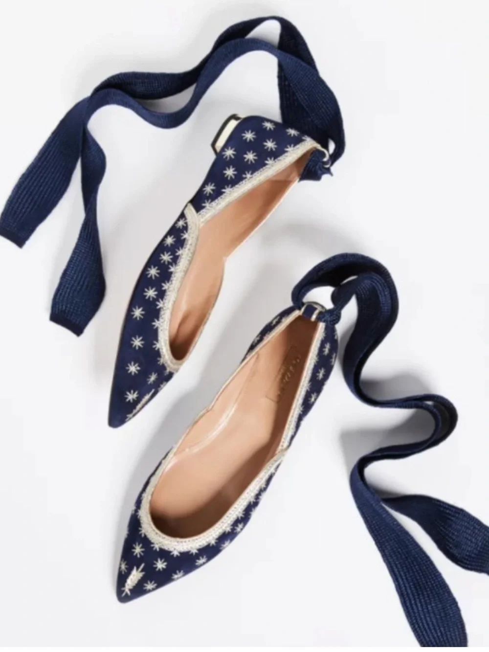 Aquazurra Size 39 Bliss Ballet Flats Navy Suede Leather Ankle Pointed Toe